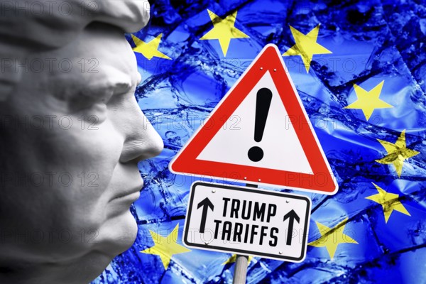 Trump bust in front of EU flag in shards with sign and inscription Trump Tariffs, symbolic photo tariff dispute and punitive tariffs, photomontage