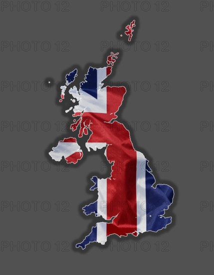 Outline map of Great Britain designed with the national flag