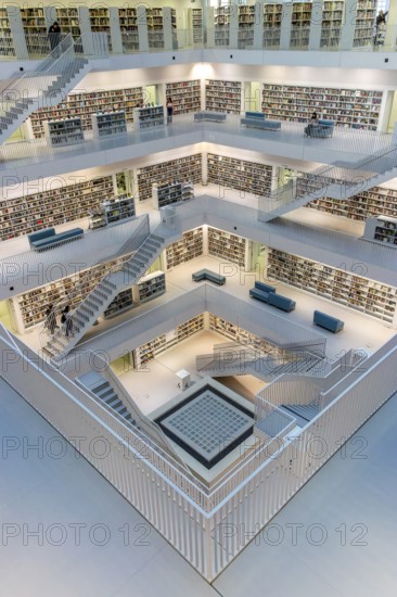 Cube-shaped interior of the city library on Mailänder Platz by architect Prof. Eun Young Yi, with bookshelves and stairs between the floors, Stuttgart, Baden-Württemberg, Germany, Europe