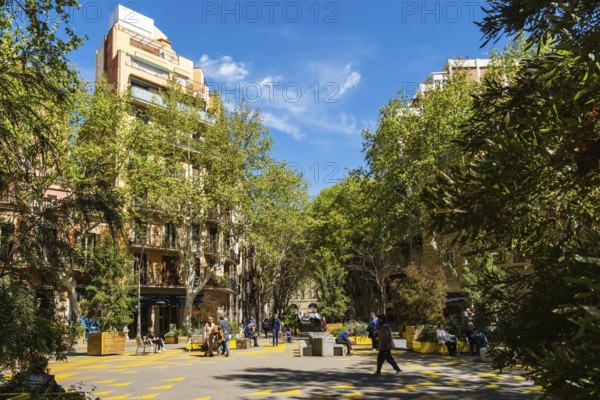 Superblock or Superilla in the Sant Antoni neighbourhood, a heavily car-restricted area of the city in Barcelona, Spain, Europe