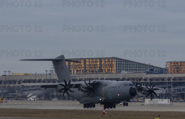 Airbus A400M military transport aircraft of the German Air Force landed at Stuttgart Airport with soldiers from Damascus and Cyprus. German Armed Forces