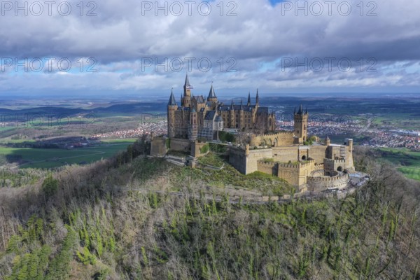 Aerial view of Hohenzollern Castle, ancestral castle of the Prussian royal family and former ruling German imperial house of Hohenzollern, Bisingen, Zollernalbkreis, Swabian Alb, Baden-Württemberg, Germany, Europe