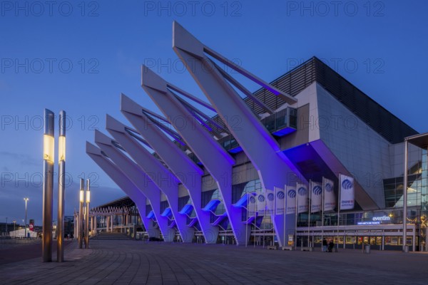 Event centre ÖVB-Arena or Stadthalle at dusk on the Bürgerweide, Bremen, Germany, Europe