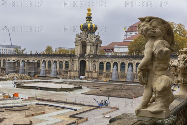 Restoration work in the pleasure garden of the Dresden Zwinger is coming to an end, with the geometrically shaped meadows and paths as well as the water basins being restored. Dresden, Saxony, Germany, Europe