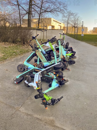 Electric scooters, overturned and stacked on top of each other, vandalism, Westend-Nord, Frankfurt am Main, Hesse, Germany, Europe