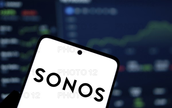 Sonos logo is displayed on smartphone. Sonos Inc is an American audio equipment manufacturer company