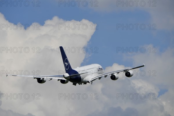 Lufthansa Airbus A380-800 taking off with blue sky and clouds, runway, Munich Airport, Upper Bavaria, Bavaria, Germany, Europe