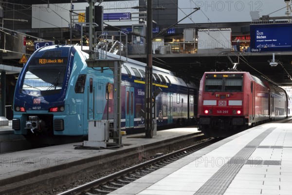 Mobility, rail travel, local transport, Nah SH Nahverkehrsverbund Schleswig-Holstein, Deutsche Bahn regional trains at the main station, Hamburg, Germany, Europe