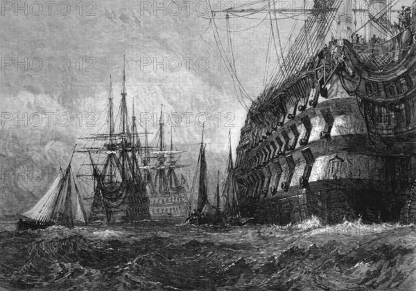Big warship on engraving from 1865 after a drawing by J.M.W.Turner and published in the Illustrated London News