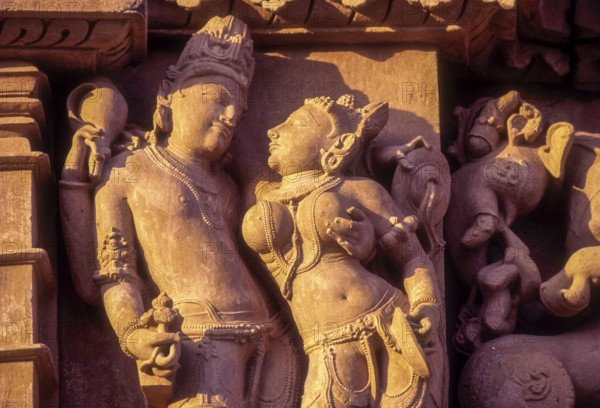 Shiva and Parvathi share an easy familiarity in Parshvanatha temple at Khajuraho, Madhya Pradesh, India, Asia. World heritage site, Asia