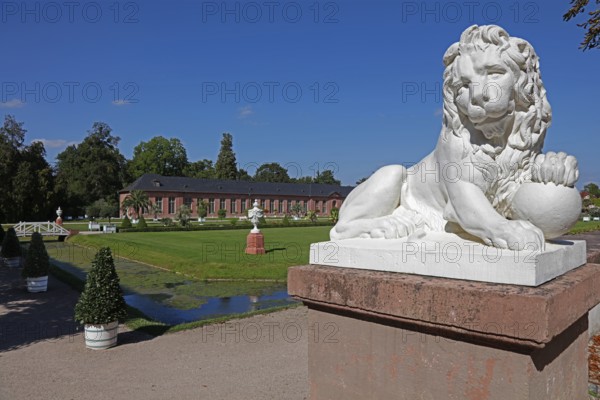 One of four lion statues by Peter Anton von Verschaffelt at the ends of the Querallee between the Mosque Garden and the Orangery Parterre, New Orangery, Palace Park, Palace Gardens, Schwetzingen, Baden-Württemberg, Germany, Europe