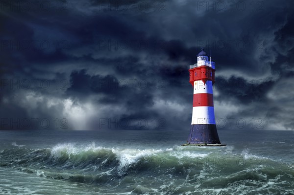 The lighthouse Roter Sand in front of a thunderstorm, Weser estuary, Bremen, Federal Republic of Germany