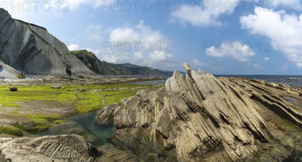 A panorama view of the Flysch rock formations and cliffs with tidal pools on the Basque Country coast near Zumaia