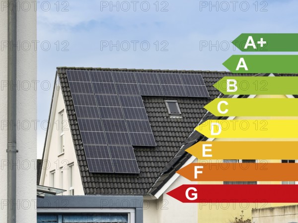 Solar panels on the roof of a house, energy efficiency classes according to the GEG, Hilden, Germany, Europe
