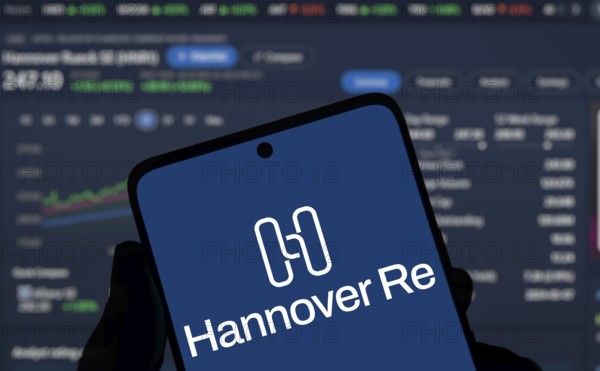 Hannover re logo is displayed on smartphone.Hannover Re is a reinsurance company