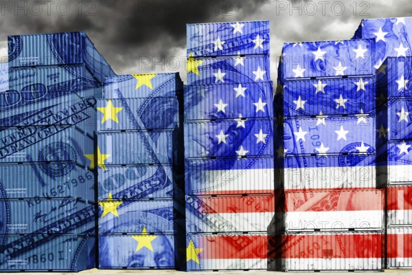 Stacked containers with European and US flags and dollar notes, symbolic photo trade between the USA and Europe, photomontage