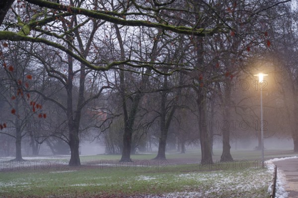 Cloudy mood and slush in the municipal park, danger of slipping, danger of catching a cold, cold, slipping, slipping, injury, injury, snow, slush, January, fields, municipal park, park, Kochertal, Kocher, Schwäbisch Hall, Germany, Europe