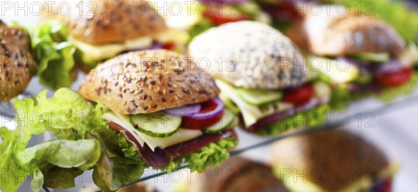 Ham and cheese sandwiches displayed for sale