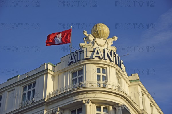 Europe, Germany, Hamburg, Outer Alster Lake, view to Hotel Atlantic, facade decoration with globe, Hamburg flag, Europe