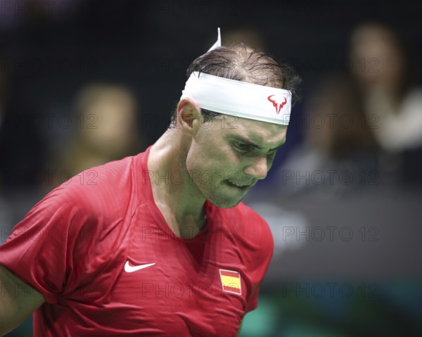 Der spanische Tennisspieler Rafael Nadal reagiert beim Davis-Cup-Finale 2024, Palacio de Deportes José María Martín Carpena, Malaga, Spanien