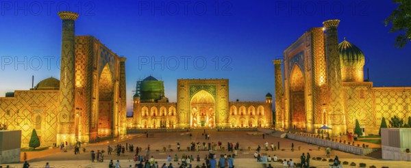 SAMARKAND, UZBEKISTAN - MAY 8, 2019: Registan, an old public square in the heart of the ancient city of Samarkand, Uzbekistan, Asia