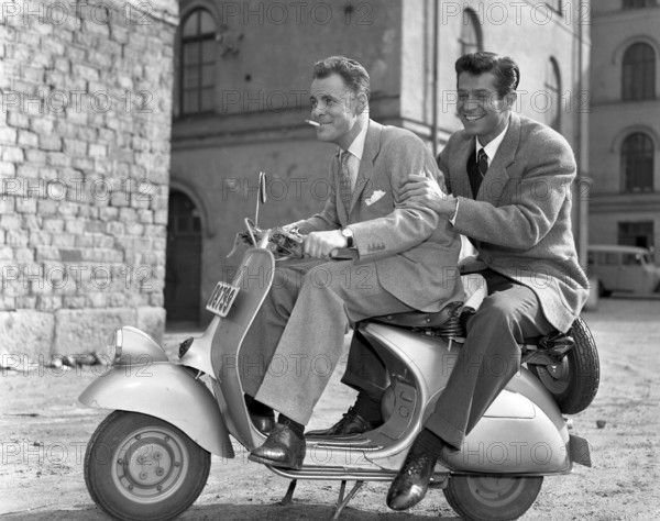 Vespa. An italian brand of scooter manufactured by Piaggio. On 23 April 1946, Piaggio & C. S.p.A. filed a patent for a motor cycle with a rational complex of organs and elements with body combined with the mudguards and bonnet covering all the mechanical parts. Shortly thereafter, the Vespa made its first public appearance. Driving is actor Sven Lindberg in the 1950s. ref 39K-8