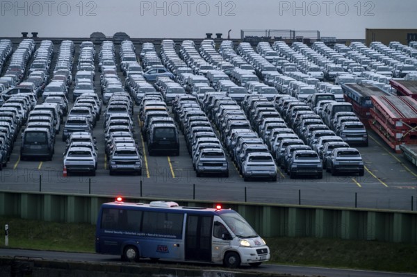 Parking space for import vehicles, hundreds of Hyundai Ioniq, electric cars, waiting for onward transport, at the EUROGATE container terminal in the overseas harbour of Bremerhaven, Lower Saxony, Germany, Europe