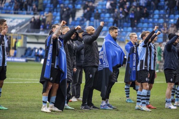 Football 3rd division, 2024/25 season, matchday 24: Waldhof Mannheim vs. Hansa Rostock***Joy and relief among the Waldhof players after the important win against Rostock