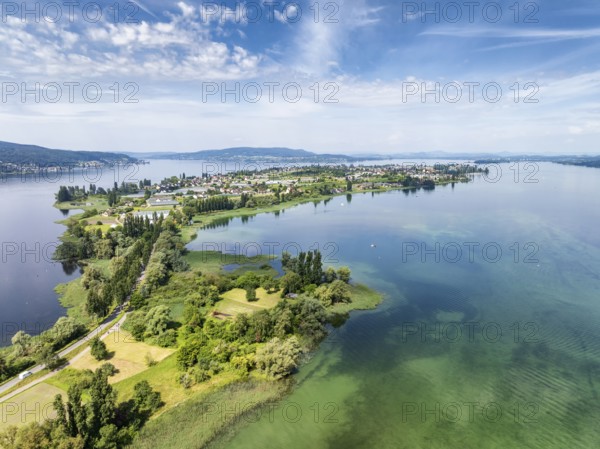 Aerial view of the island of Reichenau in Lake Constance with the Höri peninsula and the Hegauberge mountains on the horizon, district of Constance, Baden-Württemberg, Germany, Europe