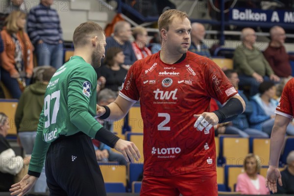 30.10.2024, 2nd HBL (German Handball League), Matchday 10: Eulen Ludwigshafen against VfL Lübeck-Schwartau. Picture: Frederic Stüber (2) and Ziga Urbic (97), Ludwigshafen