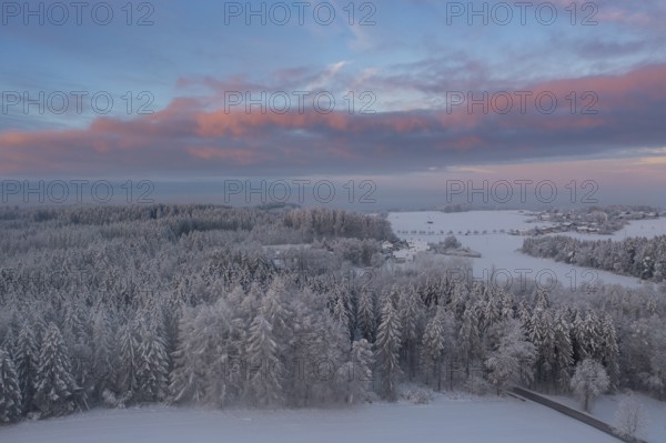 Winter forest near Eurasburg, winter at sunrise, drone shot, Upper Bavaria, Bavaria, Germany, Europe