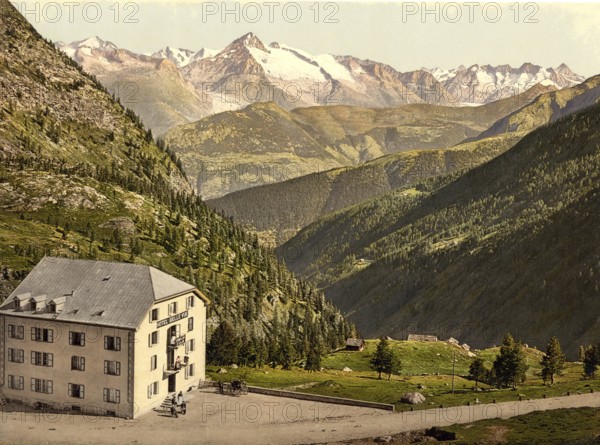 Das Hotel Bellevue am Simplonpass im Wallis in der Schweiz / Simplon Pass, Hotel Bellevue, Valais, Alps of, Switzerland, Historic, digitally restored reproduction from a 19th century original, Record date not stated, Europe