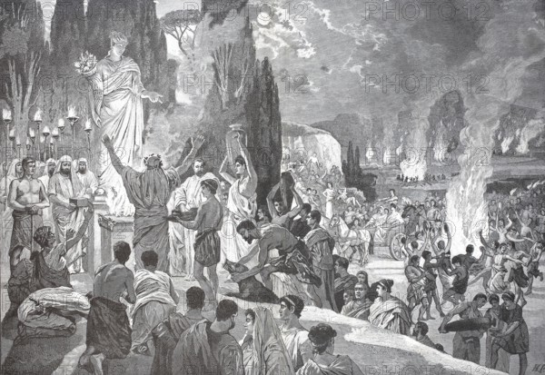 Ceres festival, a religious celebration of the Roman festival calendar in honour of Ceres, the goddess of growth and agriculture, on 19 April, from the 3rd century BC, Rome, Italy, reproduction of an original, around 1900, historical, Ancient ceremonial scene with people holding a festive celebration around fire and statues, Europe