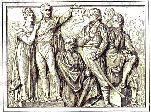 From the left, Queen Louise, Friedrich Wilhelm III, Friedrich Daniel Ernst Schleiermacher, Johann Gottlieb Fichte, Georg Wilhelm Friedrich Hegel, Johann Carl Friedrich Gauss, are the figures from the relief frieze by Geyer in the National Gallery in Berlin, digital reproduction of an original 19th century model, original date unknown