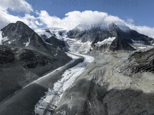 Aerial view, mountain landscape with glacier tongue Glacier de Cheilon and summit Mont Blanc de Cheilon, Valais, Western Alps, Switzerland, Europe