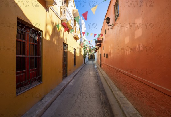 Colombia, Scenic colorful streets of Cartagena in historic Getsemani district near Walled City, Ciudad Amurallada, a UNESCO world heritage site, South America