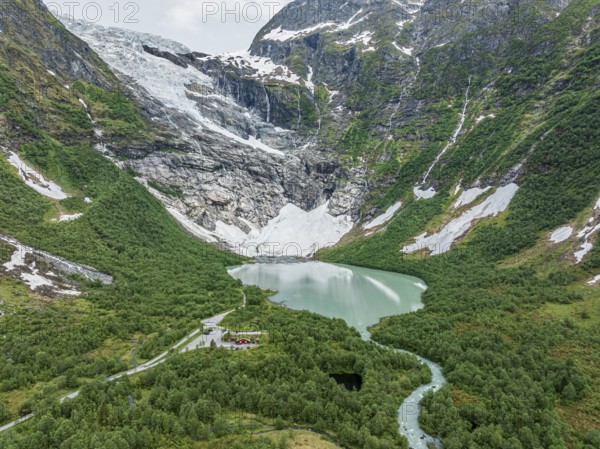 Glacier boyabreen, a glacier tongue of the Jostedalsbreen, glacial lake, north of village Fjaerland, aerial view, Norway, Europe