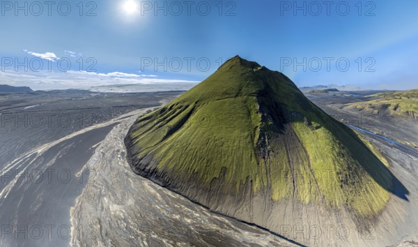 Aerial view, Mælifell mountain covered with moss, Maelifell, black sand desert Mælifellssandur, glacial streams, glacier Myrdalsjökull, Icelandic highlands, Iceland, Europe