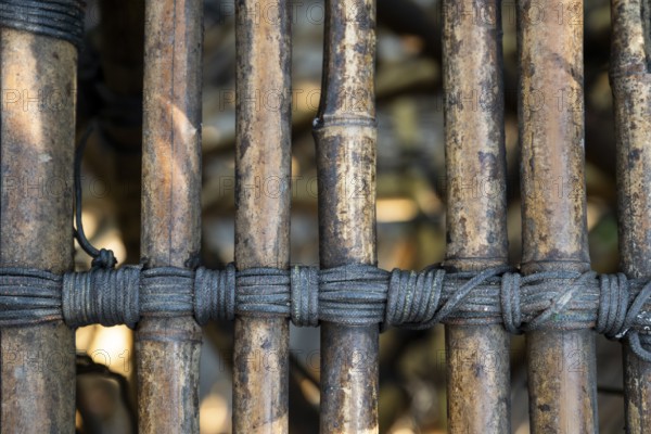 Close-up of a complex bamboo installation with ropes, bamboo sculpture by Doug and Mike Starn, art museum Ordrupgaard, collection of Henny and Wilhelm Hansen, Ordrup, Charlottenlund, near Copenhagen, Denmark, Europe