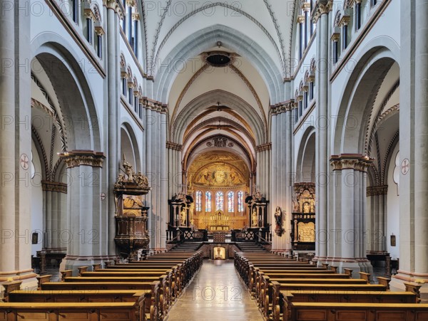 Interior view of Bonn Minster, nave with view of the eastern apse, Bonn, North Rhine-Westphalia, Germany, Europe