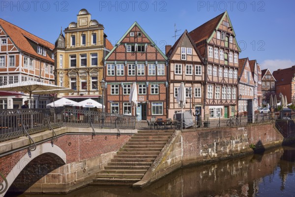Old Hanseatic harbour, an inland port on the Schwinge river with historic half-timbered houses and a staircase in the old town of Stade, Hanseatic city, district of Stade, Lower Saxony, Germany, Europe