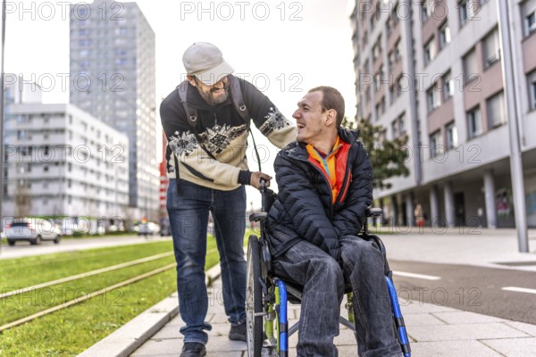 Tourist pushes his disabled friend in a wheelchair, both laughing and enjoying their time together in the city