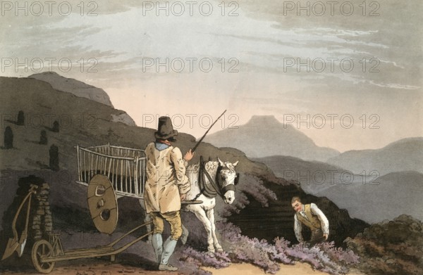 Scene from everyday life in England around 1810, peat cart with the peat cutters, historical, digitally restored reproduction from a 19th century original, date unknown