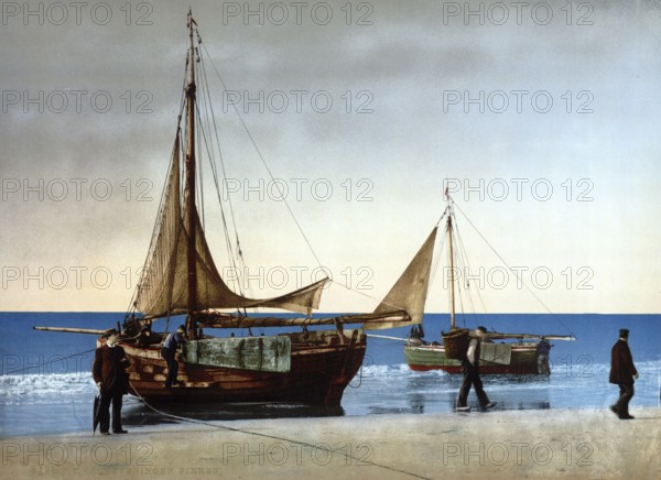 Pinken, a type of sailing ship, Scheveningen, Holland, around 1895, Historical, digitally restored reproduction from a 19th century model, Record date not stated