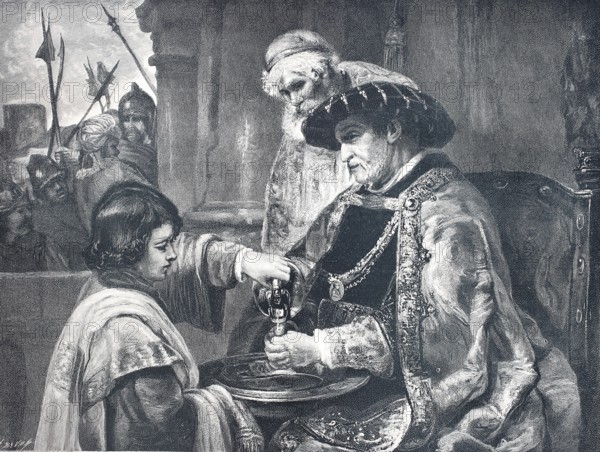 Pontius Pilate, I wash my hands in innocence, Bible, old testamant, Psalm 26, 1880, reproduction of an original, around 1900, historical