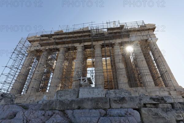 Parthenon Temple, scaffolded west façade, construction site, Athens, Greece, Europe