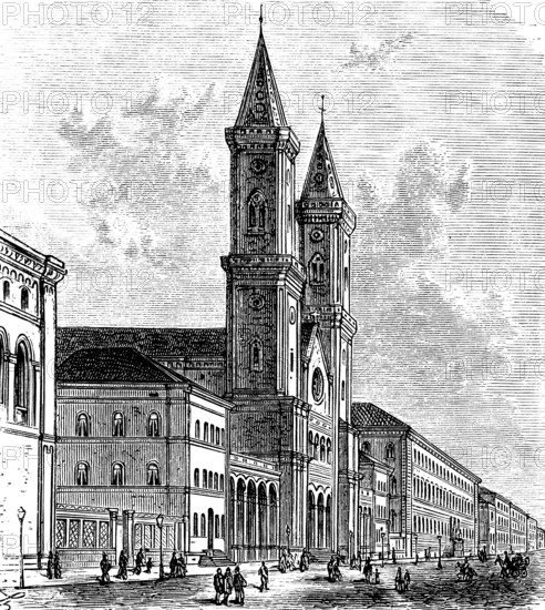 Ludwigskirche in Munich, St Ludwig, Ludwigstraße, double tower, 19th century, building, pedestrian, Bavaria, Germany, historical illustration 1880, Europe