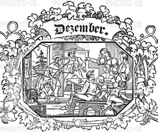 Month of December, grapevine ornamentation, woodcut illustration, Swiss calendar for 1848