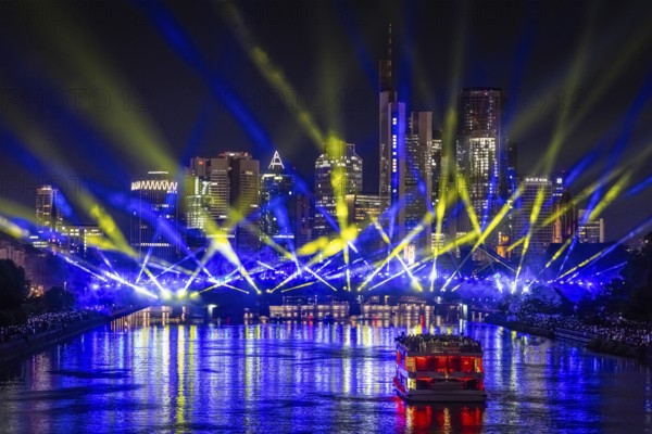 A spectacular light show at the Flößerbrücke in Frankfurt am Main puts spectators in the mood for the start of the 2024 European Football Championship, which will take place from 14 June to 14 July 2024, Frankfurt am Main, Hesse, Germany, Europe