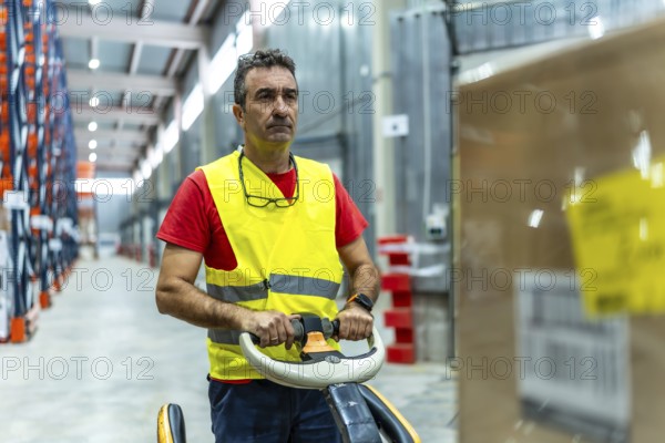 Mature male manual worker wearing safety reflective waistcoat using forklift to move boxes in a warehouse